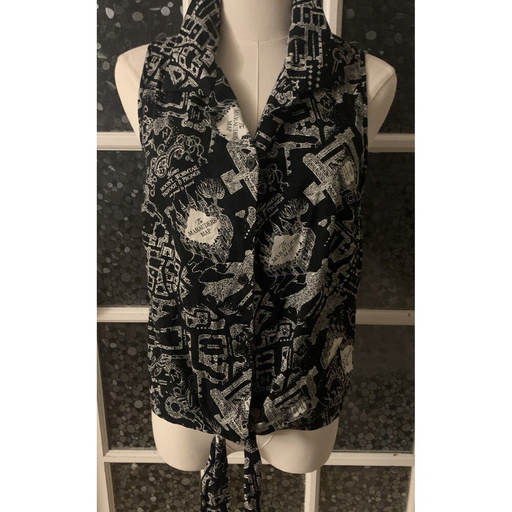 Harry Potter Top Sleeveless Tie Front Shirt Rayon Sz L Marauders Map Hot Topic